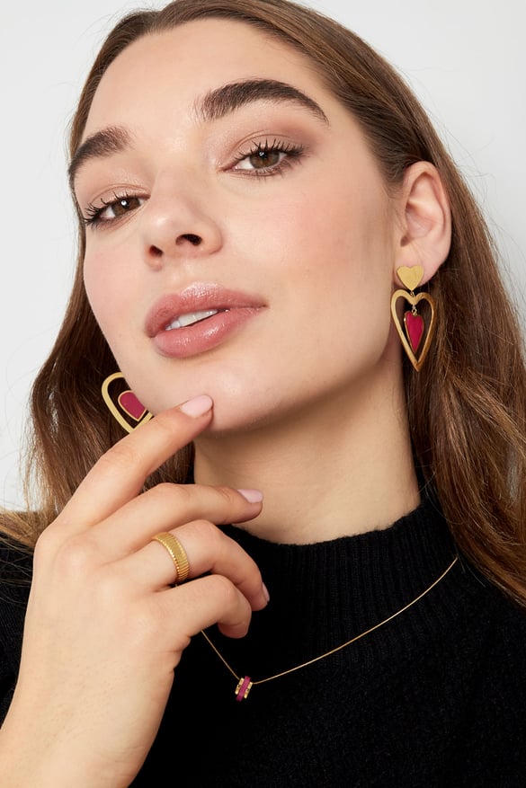 Double heart earrings - Gold color/pink