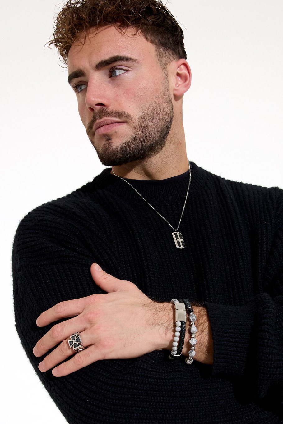 Herrenarmband mit doppeltem Zopf und Perlen – grau Bild5