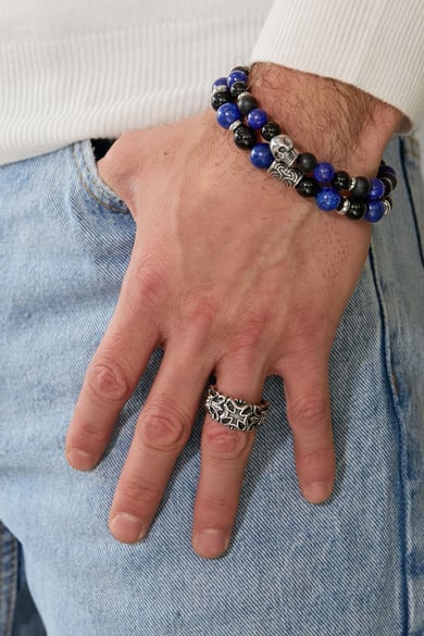 Herrenarmband mit Perlen-Totenkopf-Details – Grau h5 Bild4