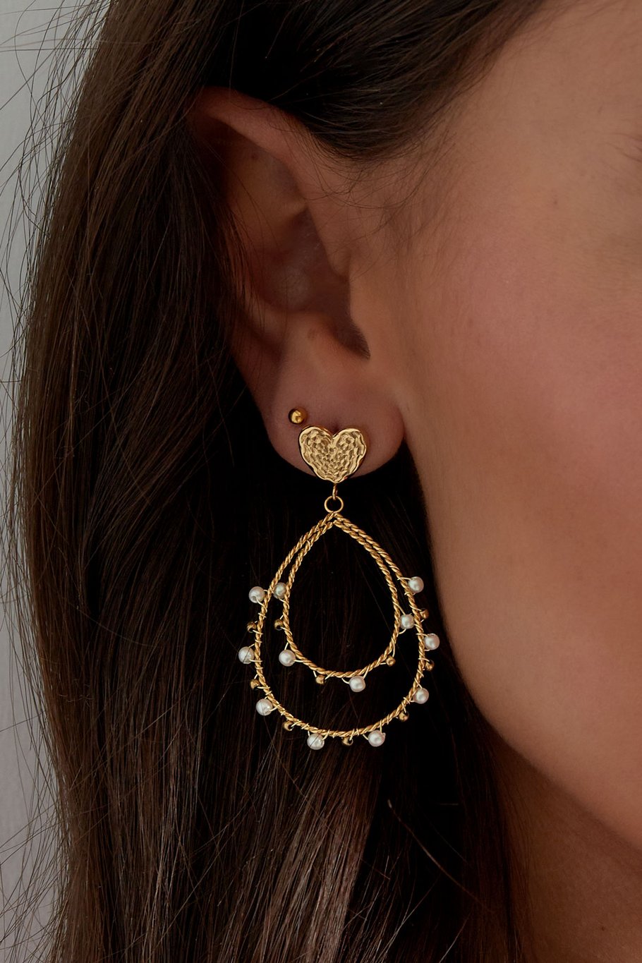 Boucles d'oreilles coeur goutte et perles - Couleur argent Image3