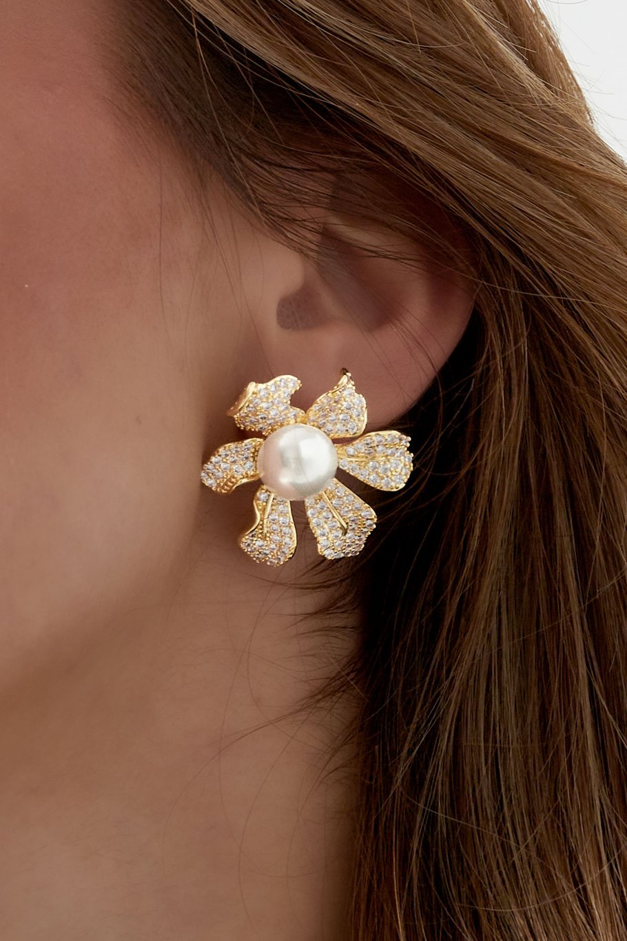 Ohrringe glitzernde Blume, Perle, Silber – Zirkon, Kupfer Bild3