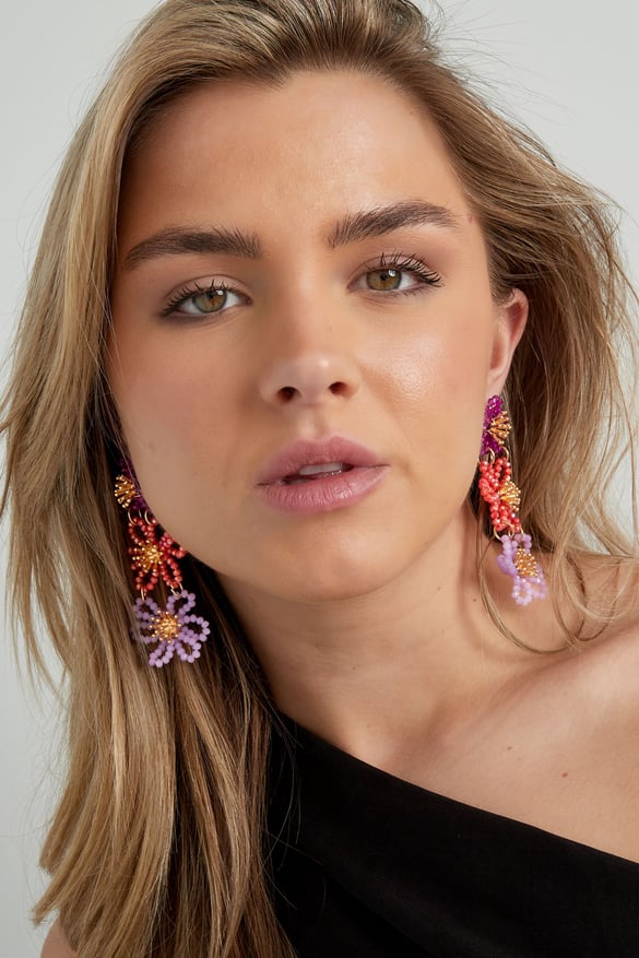 Flower party statement earrings - orange/purple