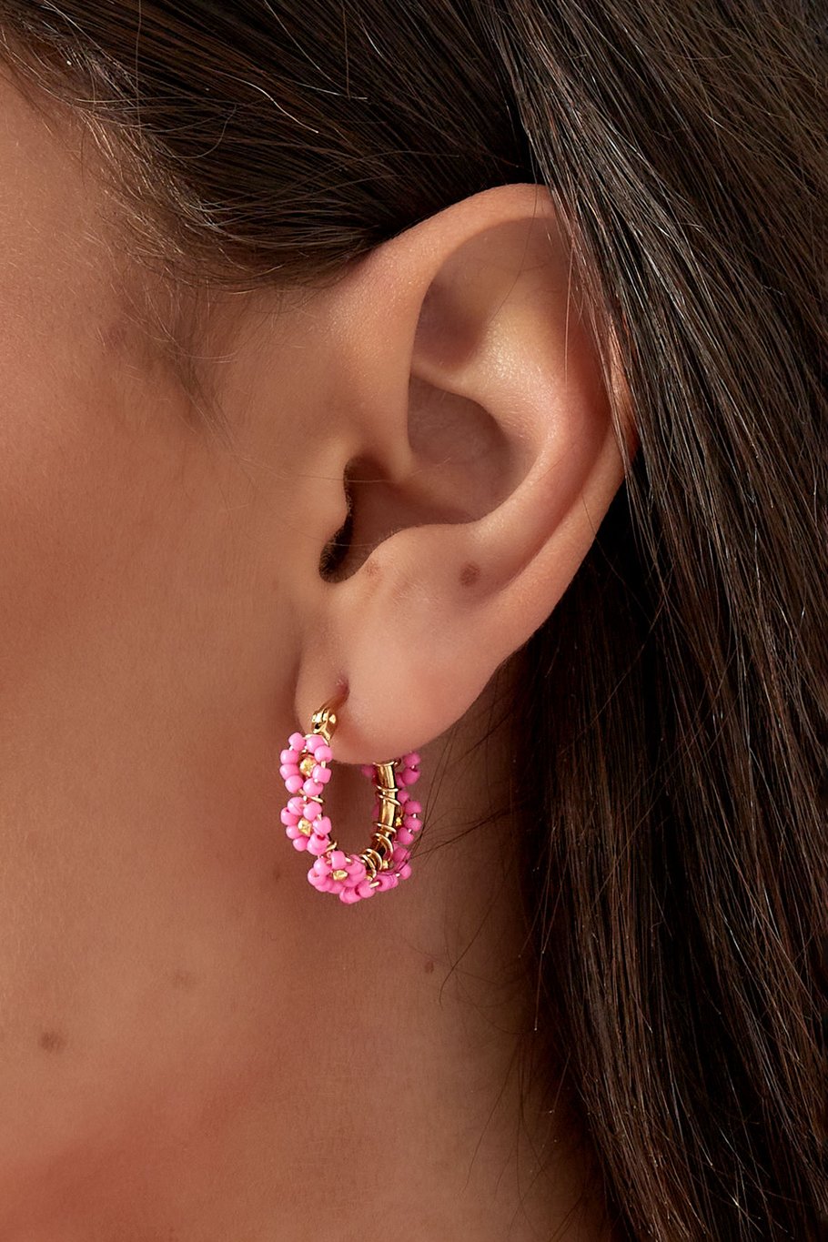 Pendientes circulares con cuentas de vidrio de acero inoxidable - Blanco Imagen3