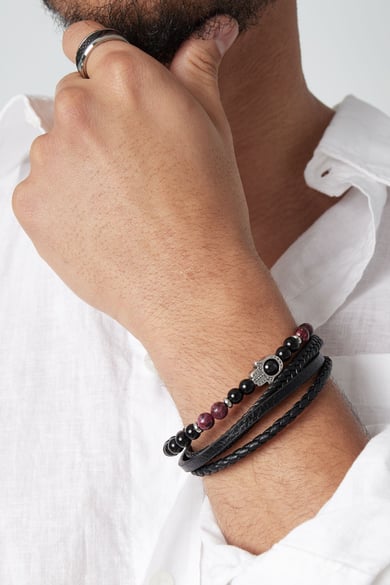 double men's bracelet with hand charm - black  h5 Picture4