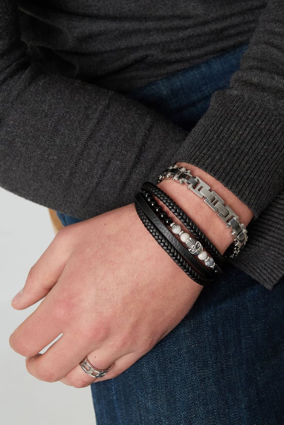 Dubbele mannenarmband gevlochten met kralen en doodskopbedel - bruin/zwart 2