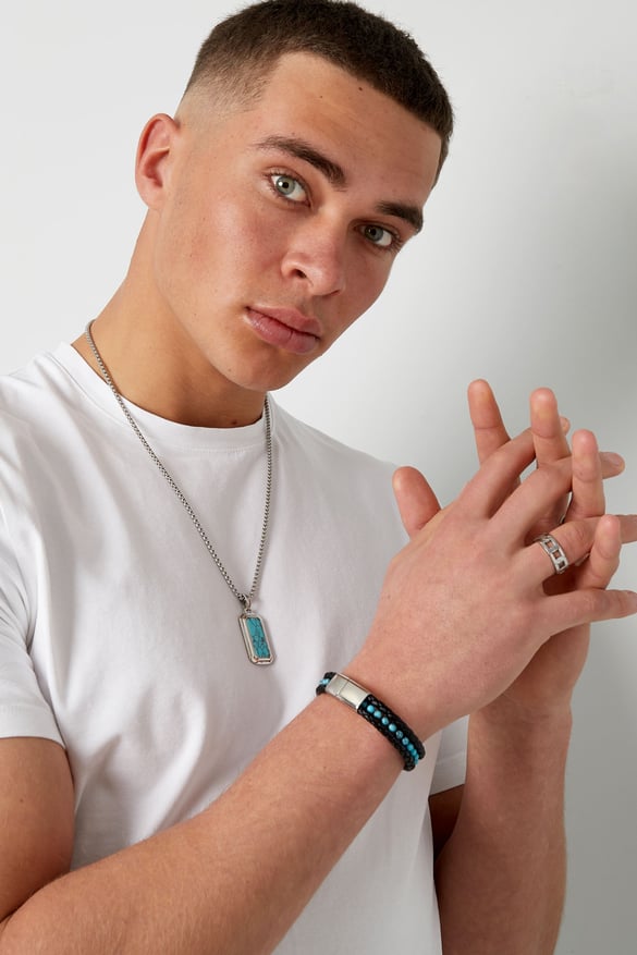Dubbele mannenarmband gevlochten met kralen in het midden - turquoise 