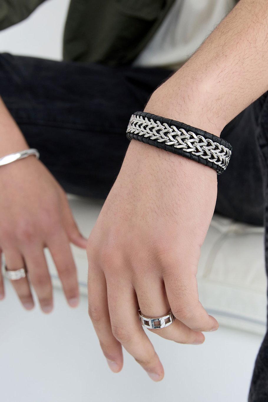 Men's bracelet with leather - silver color black Picture4