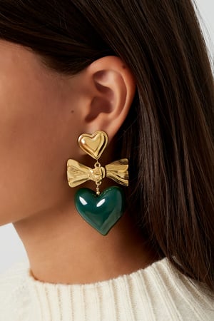 Earrings colored heart and bow - green & Gold color h5 Picture2