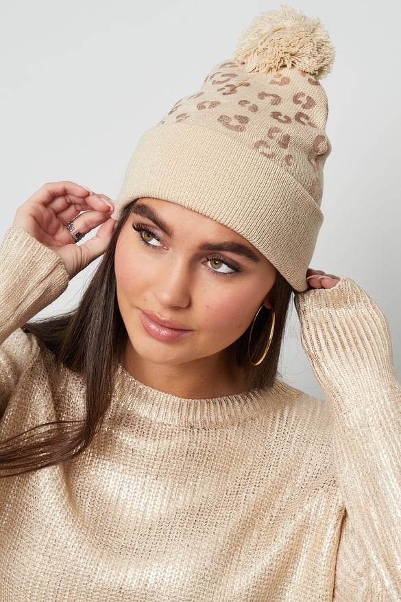 Bommelmütze mit Tigermuster – Beige 2