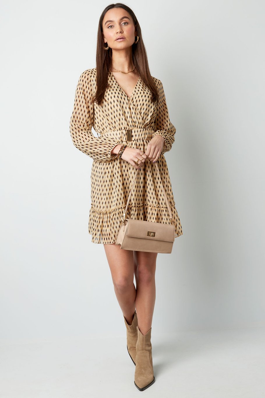 Robe imprimée avec ceinture - beige S Image3