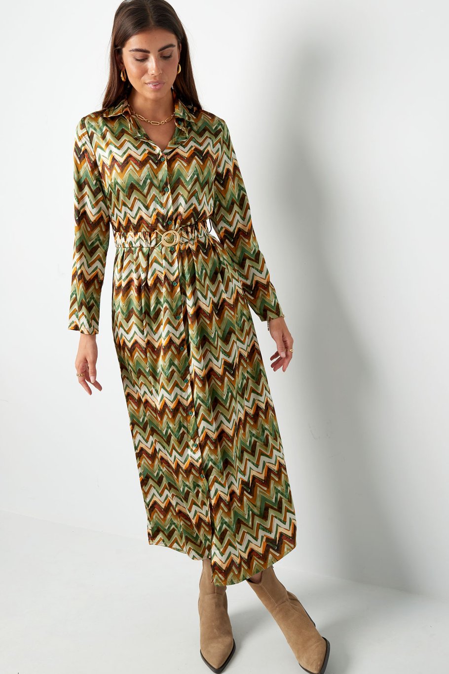 Maxikleid mit Zickzackmuster in Beige Bild2