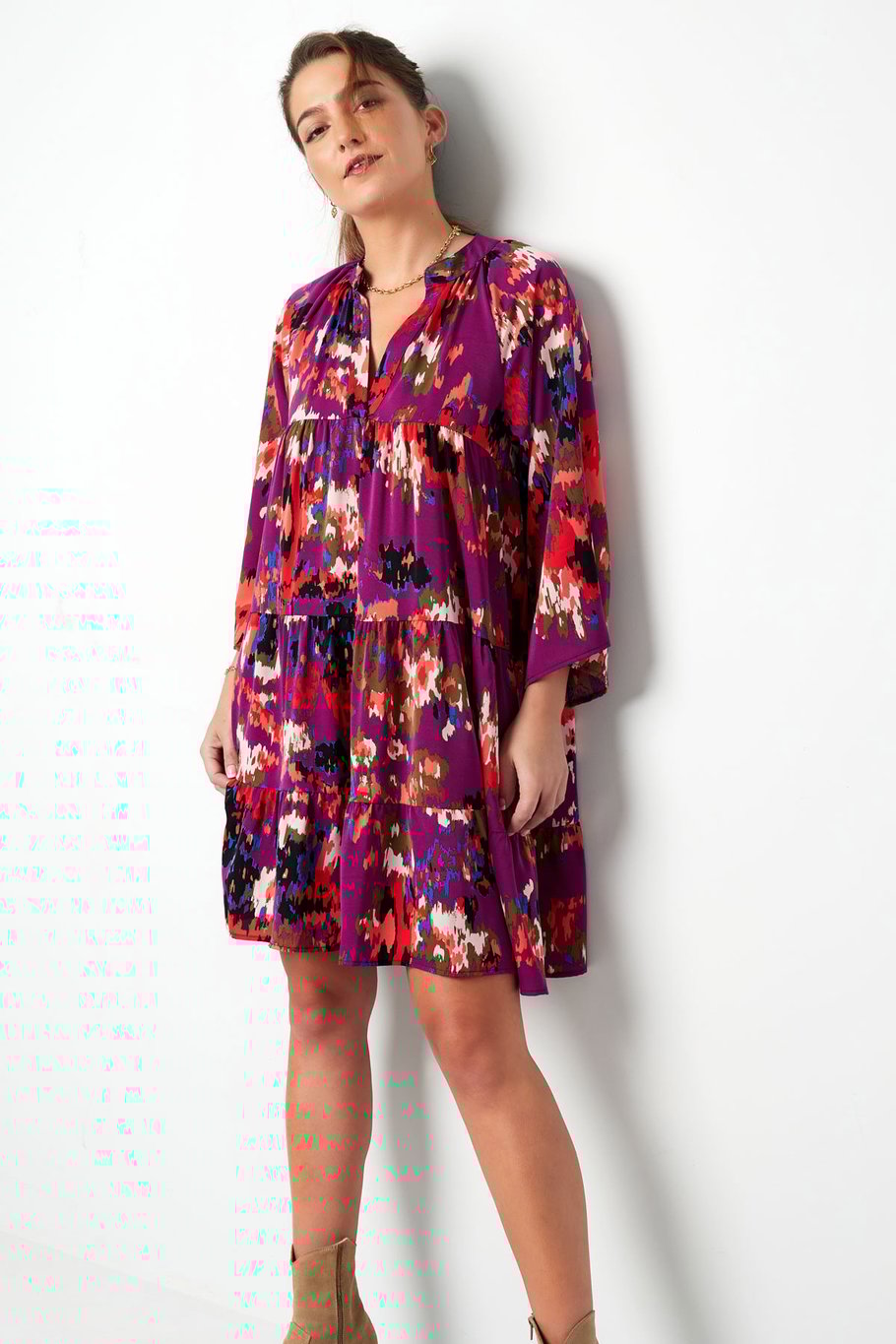 Kleid mit Dreiviertelärmeln, Blumendruck, Schwarz, Mehrfarbig Bild4