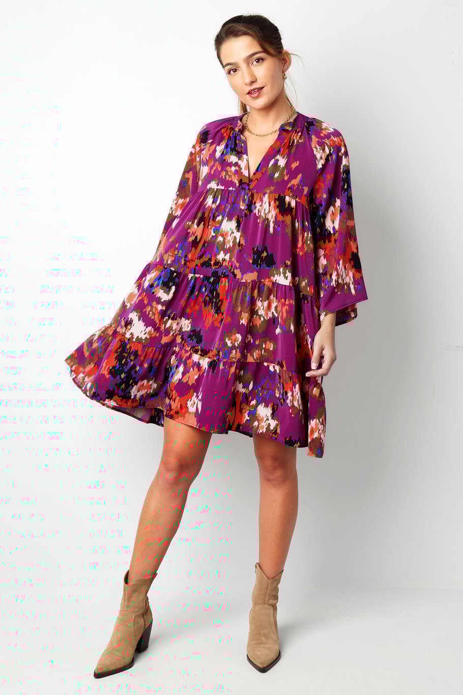 Kleid mit Dreiviertelärmeln, Blumendruck, Schwarz, Mehrfarbig Bild2