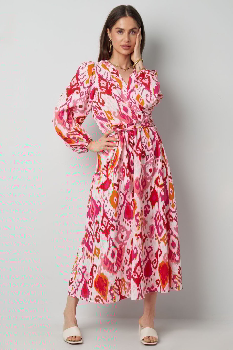Langes Kleid mit Aufdruck und Bund – Fuchsia  Bild7
