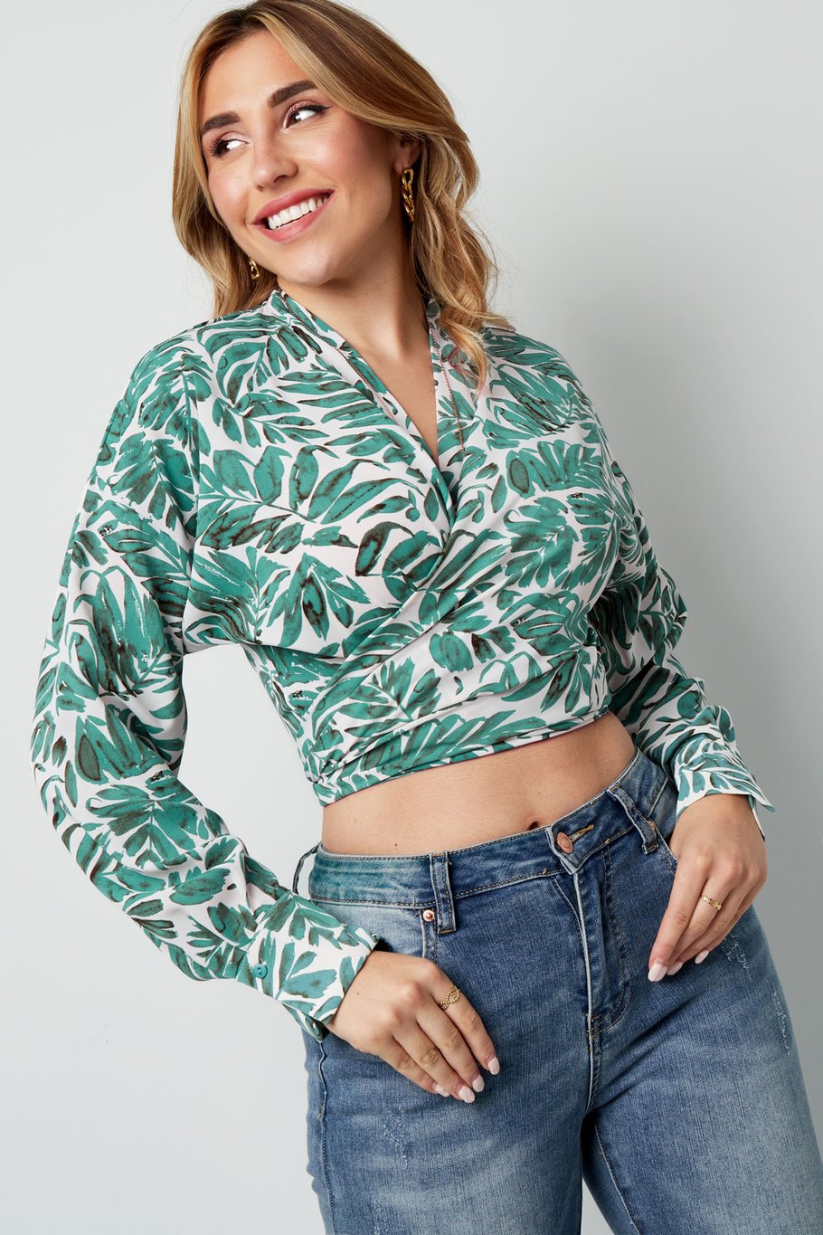 Wrap blouse leaf print green h5Picture2