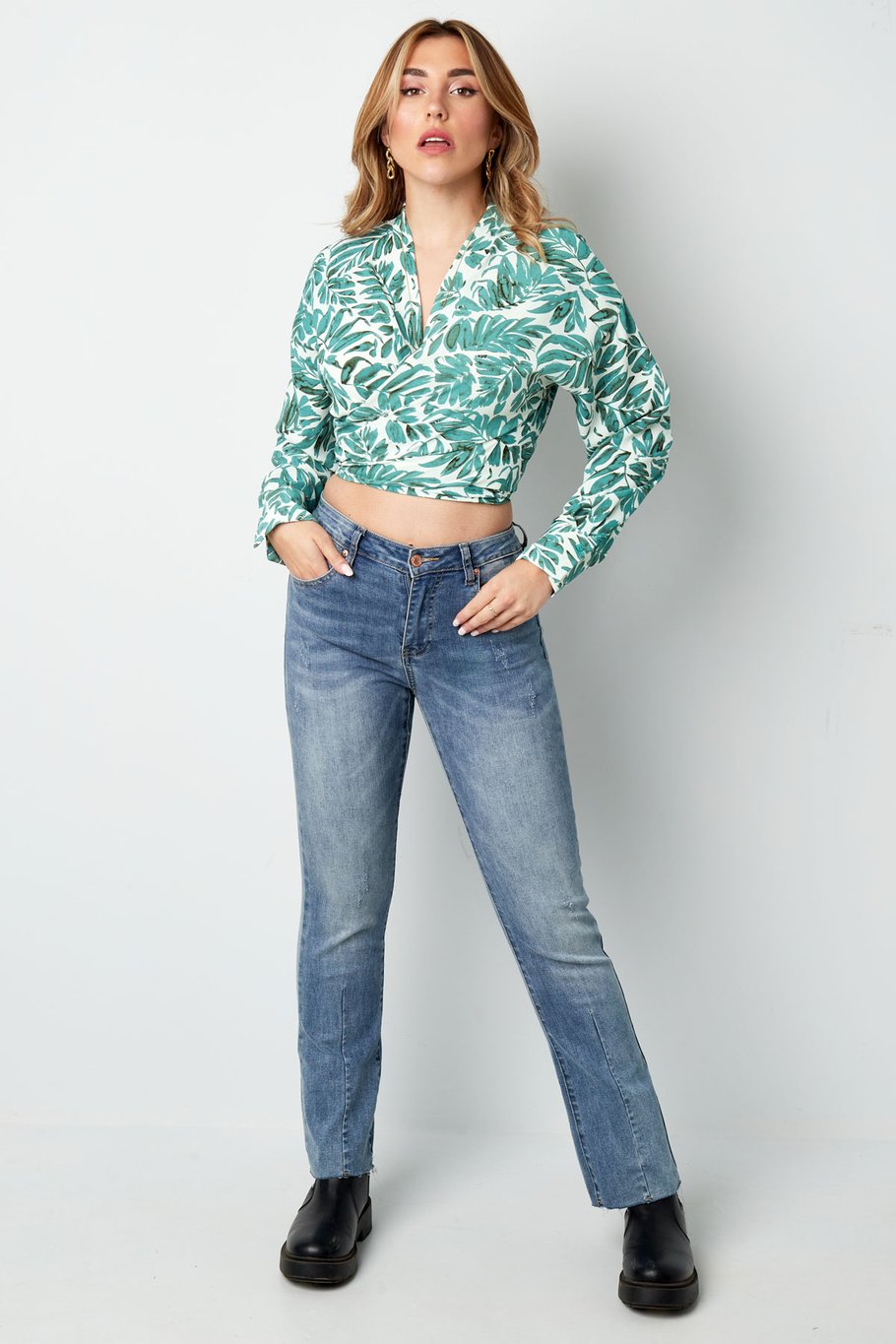 Wrap blouse leaf print green h5Picture5