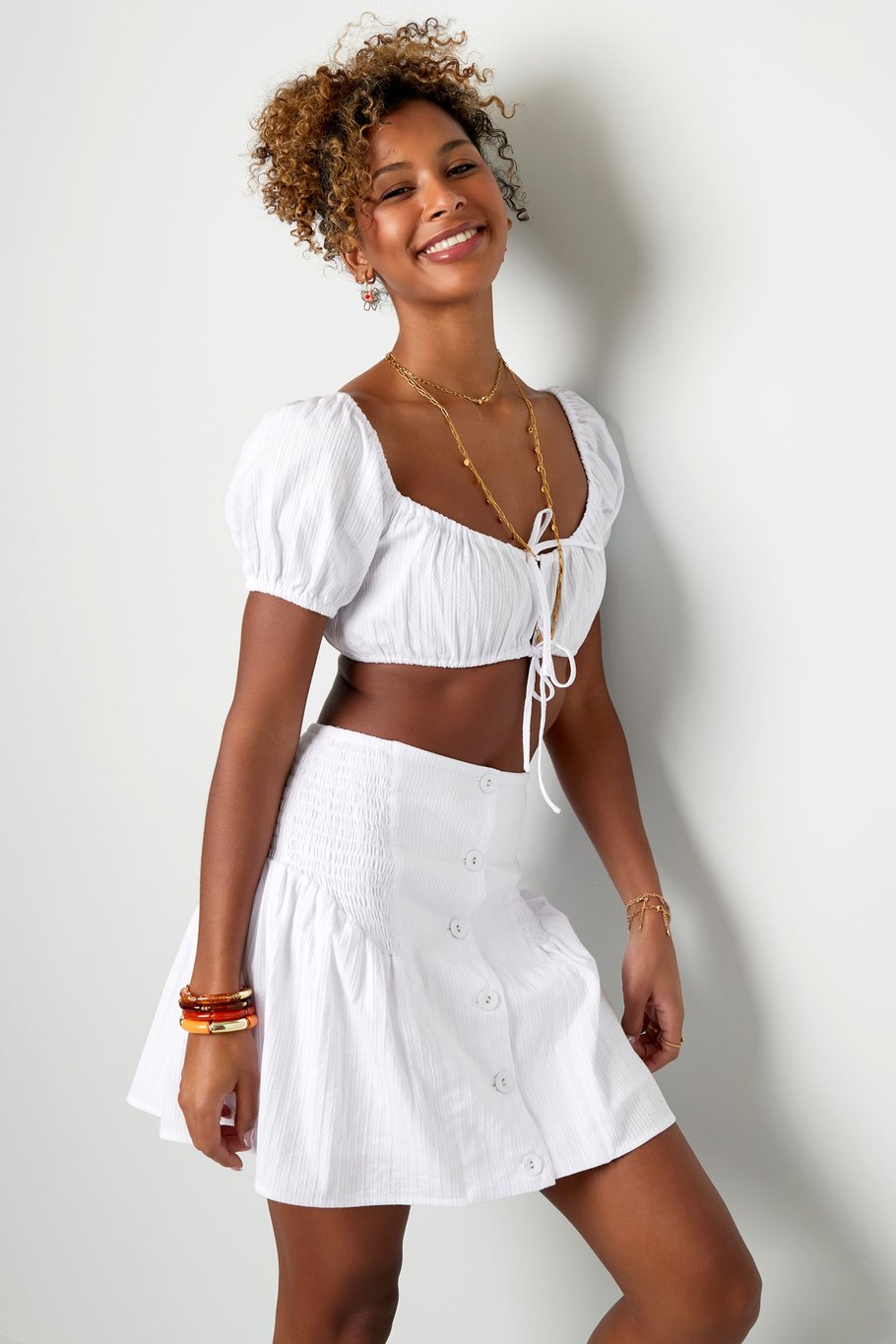 Skirt with buttons and smock detail White S h5Picture3