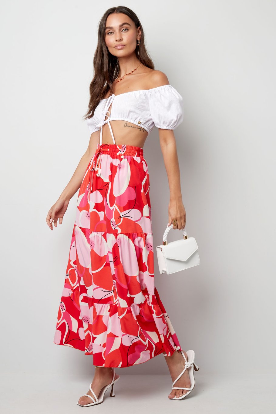 Maxi rok abstracte print - rood Afbeelding3