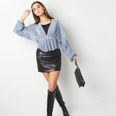 Bluse mit Rippstruktur und Faltenärmeln Braun S h5 Bild4