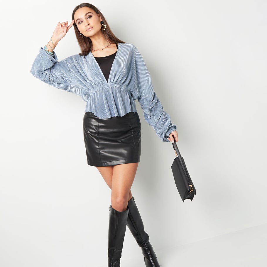 Bluse mit Rippstruktur und Faltenärmeln Braun S Bild4