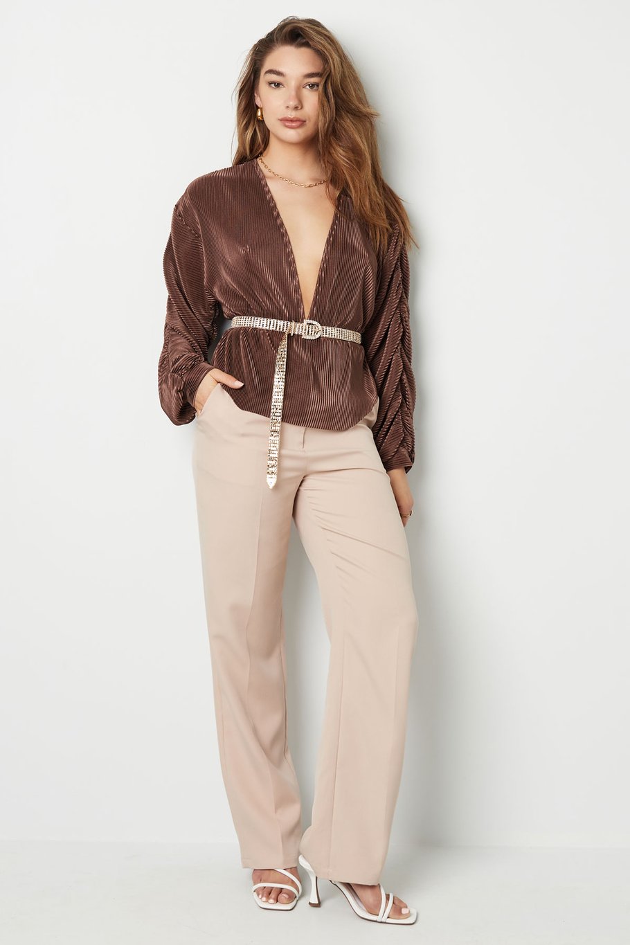 Bluse mit Rippstruktur und Faltenärmeln Braun S Bild5