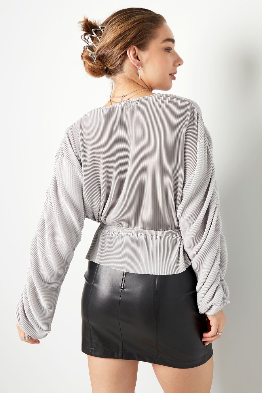 Bluse mit Rippstruktur und Faltenärmeln Braun S Bild7