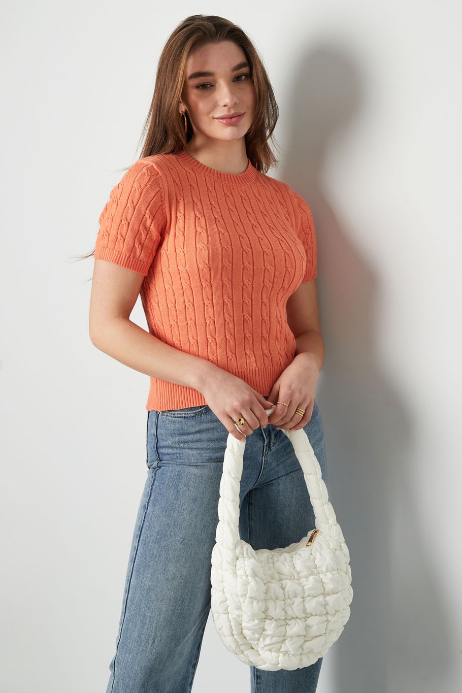 Jersey de punto con trenzas y manga corta pequeño/mediano – blanco Imagen2