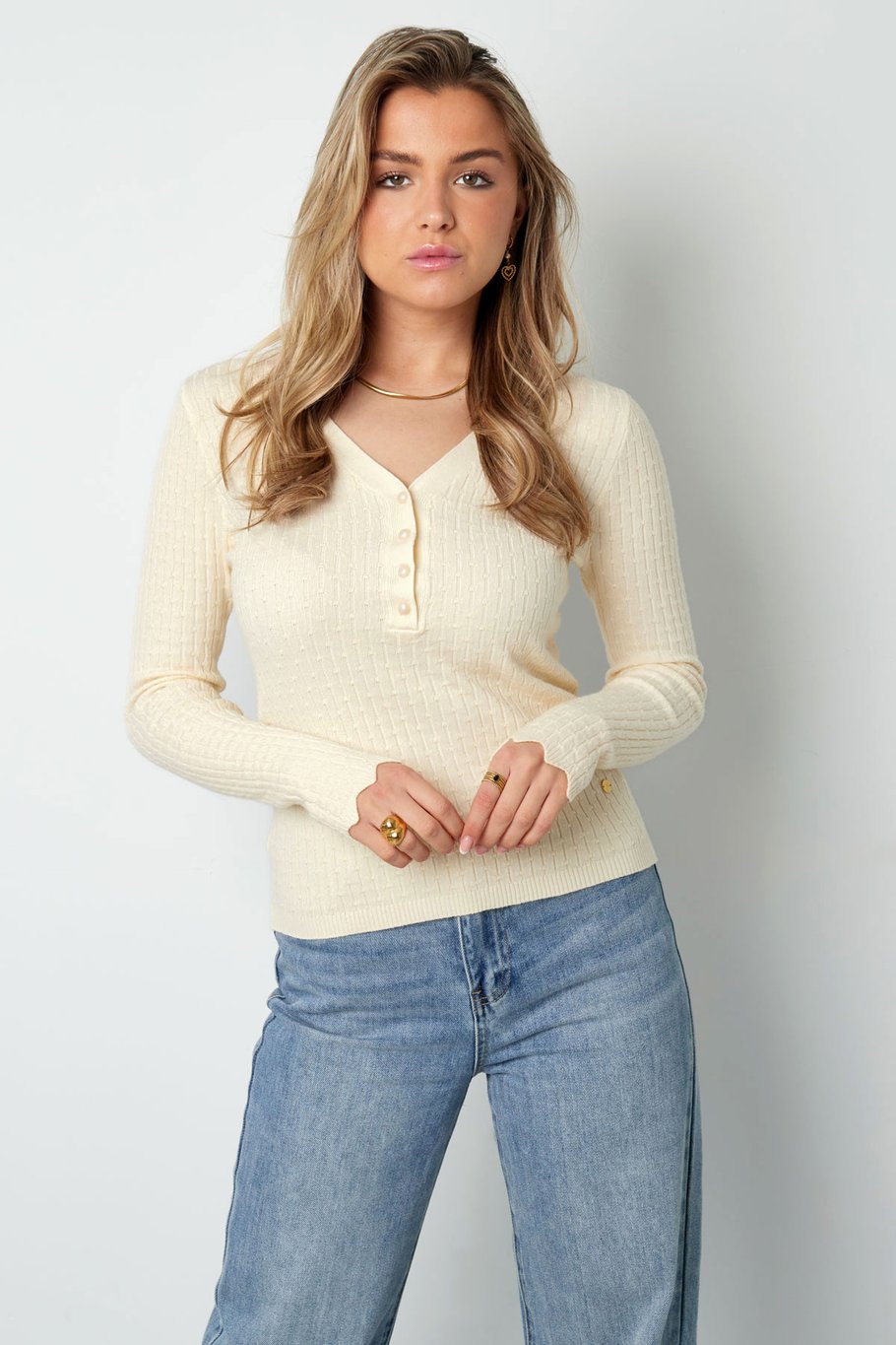 Pullover mit V-Ausschnitt - Beige  Bild7