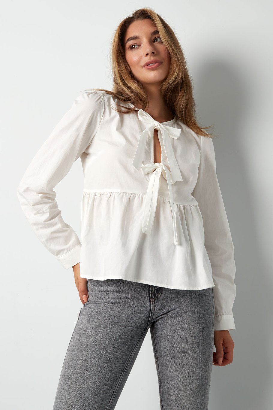 Top peplum de manga larga con lazos - azul Imagen3