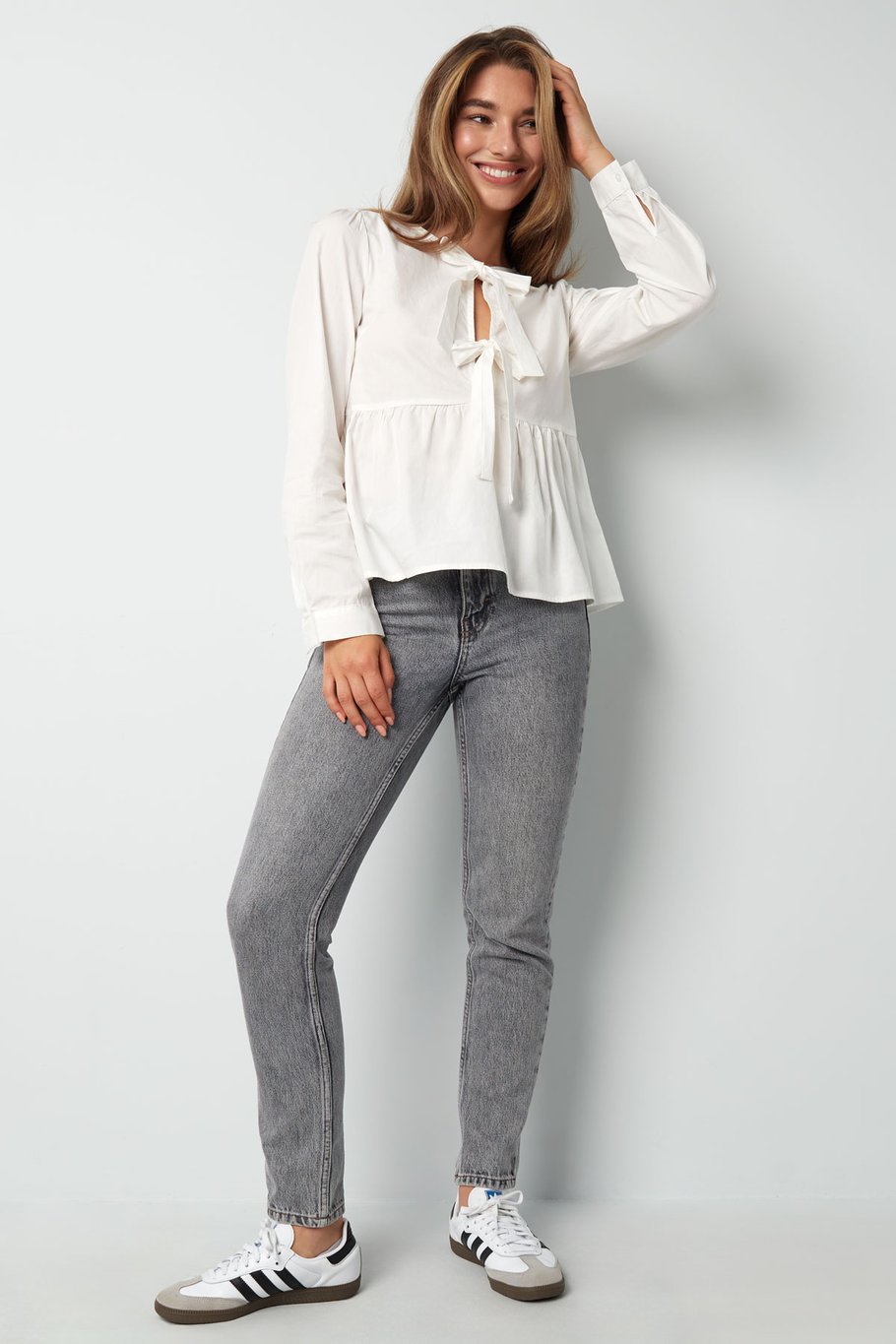 Top peplum de manga larga con lazos - azul Imagen7