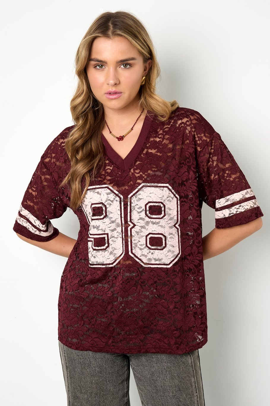 V-Neck Lace American T-shirt Picture5