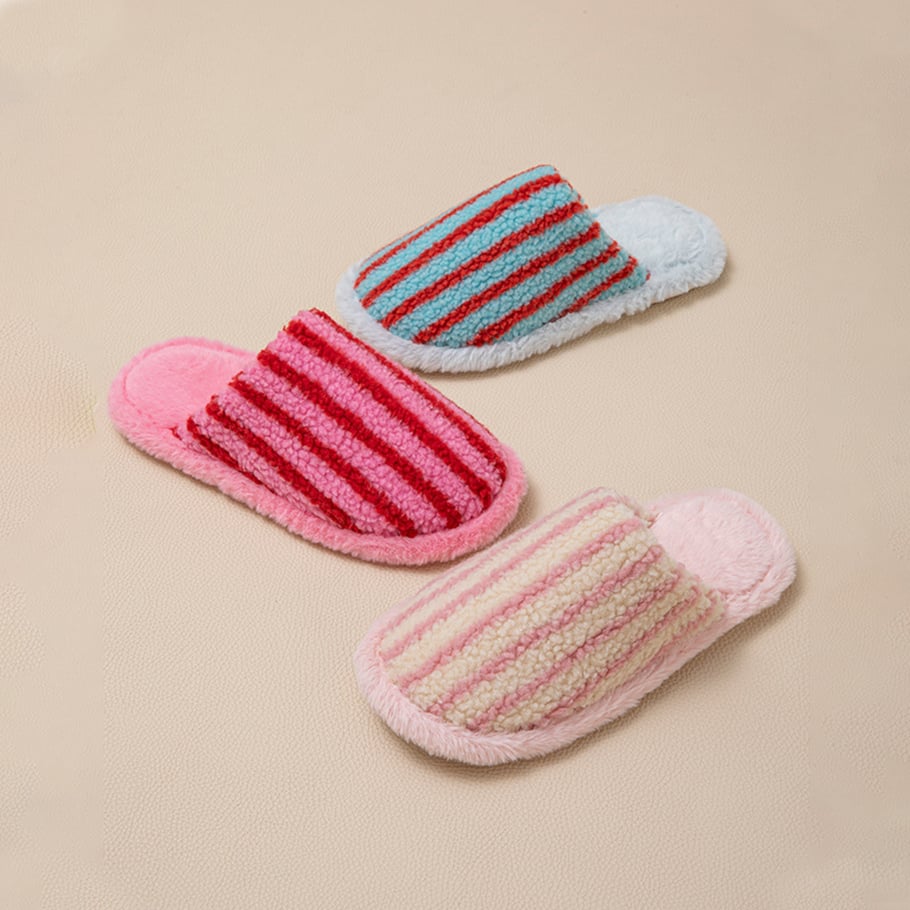 1 paar kleurblokkerende gestreepte pluche pantoffels h5Afbeelding2