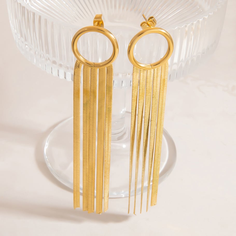 Elegante kwastjesoorbellen van roestvrij staal met gouden hangers Afbeelding4