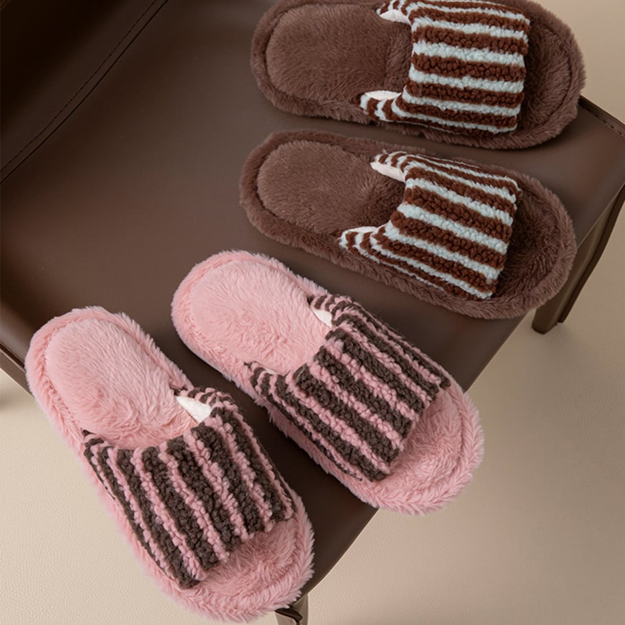 1 Pair Color-blocking Striped Home Plush Slippers h5Picture3