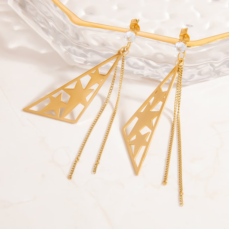 Elegante kwastjesoorbellen van roestvrij staal met gouden hangers Afbeelding5