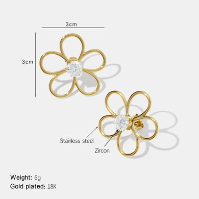 1 Pair Simple Sweet Flower Stainless Steel  Gold Color  Zircon Women's Stud Earrings h5 