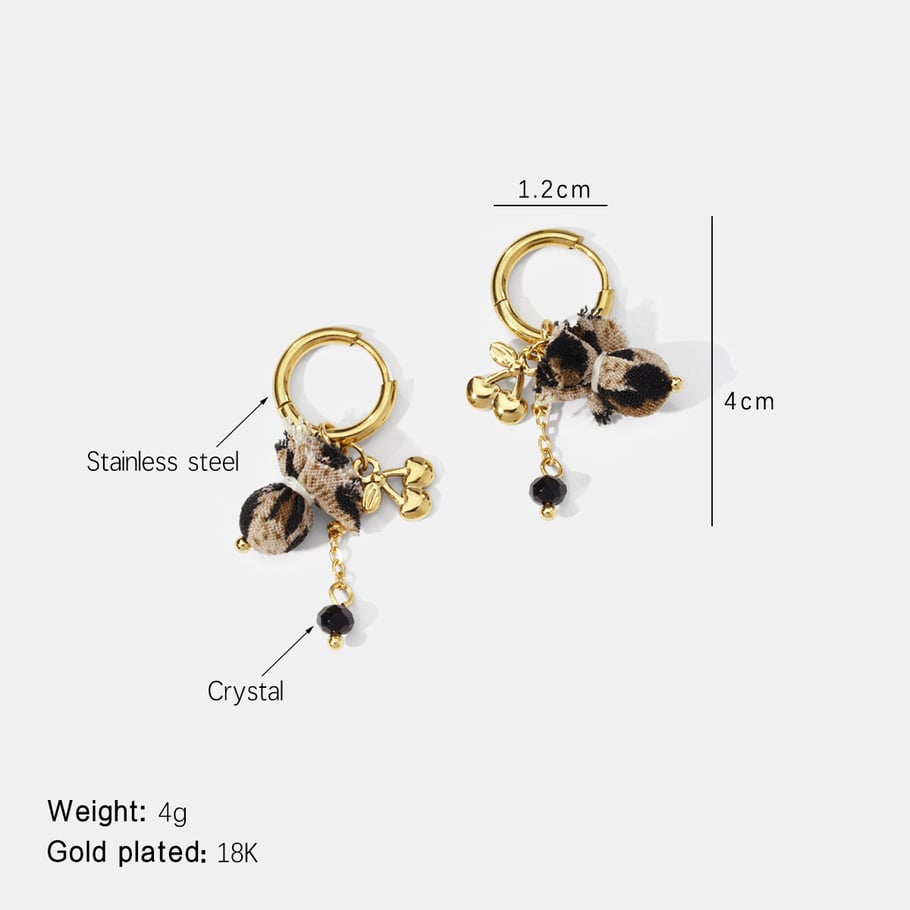 1 Pair Leopard Fabric Cherry Stainless Steel Gold Color Drop Earrings 