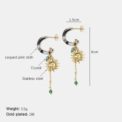 1 Pair Sun Stainless Steel Leopard Fabric Gold Color Dangle Earrings h5 
