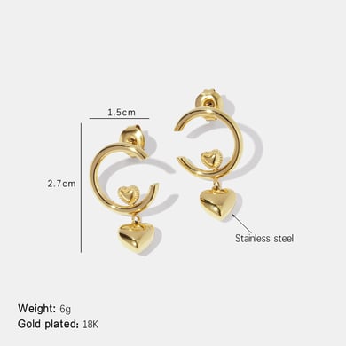 1 Pair Simple Heart Circle Stainless Steel  Gold Color  Women's Drop Earrings h5 