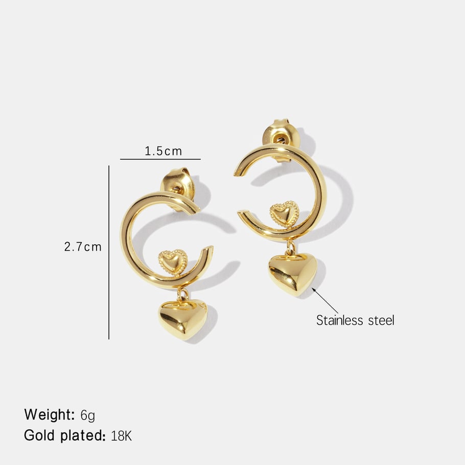 1 Pair Simple Heart Circle Stainless Steel  Gold Color  Women's Drop Earrings 