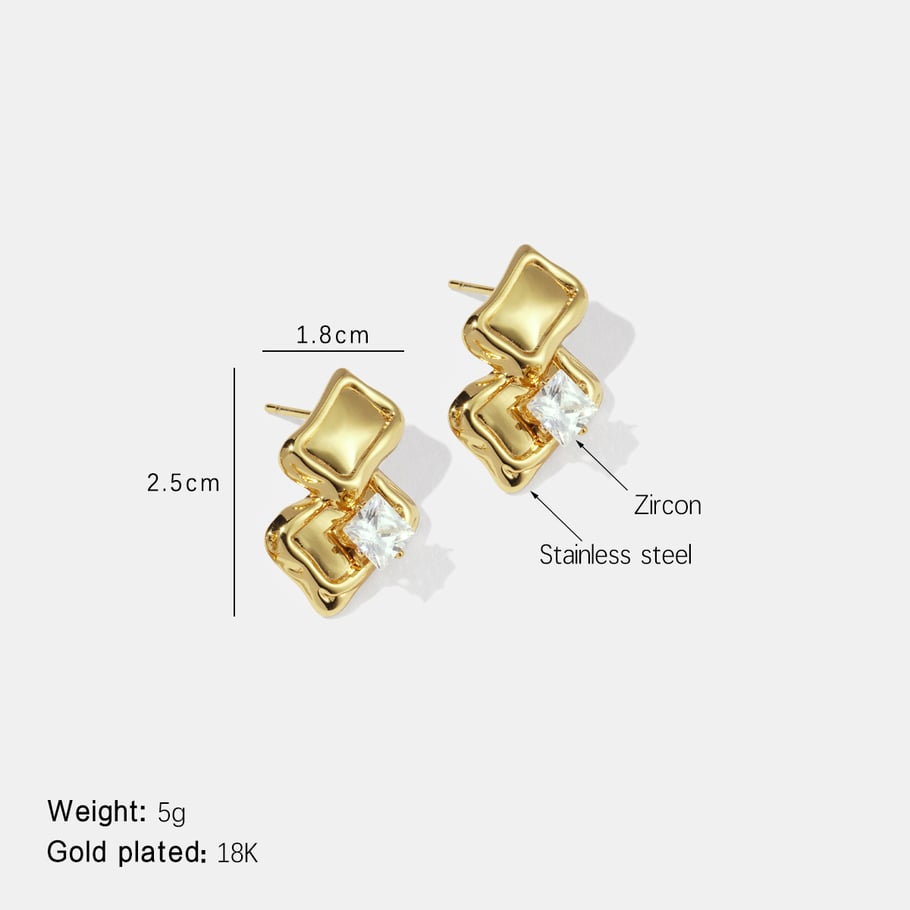 1 Pair Simple  Irregular Shape Stainless Steel  Gold Color Zircon Women's Stud Earrings 