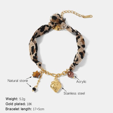 1 Parça Leopar Kumaş Çilek Paslanmaz Çelik Altın Rengi Charm Bilezik h5 