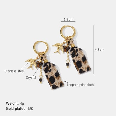 1 Pair Leopard Fabric Bird Stainless Steel Gold Color Drop Earrings h5 