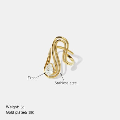1 Piece Irregular Shape Zircon Stainless Steel  Gold Color Gemstone Ring h5 