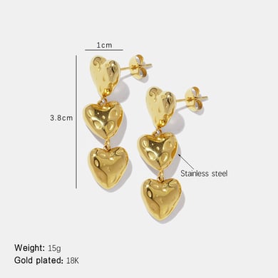 1 Pair Heart Hammer Pattern Stainless Steel Gold Color Dangle Earrings h5 