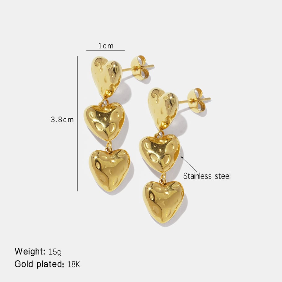 1 Pair Heart Hammer Pattern Stainless Steel Gold Color Dangle Earrings 