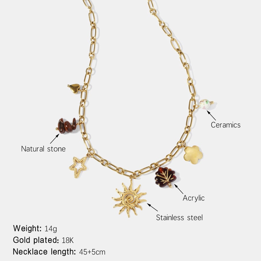 1 Piece Classic Retro Sun Stainless Steel  Gold Color  Women's Pendant Necklaces 