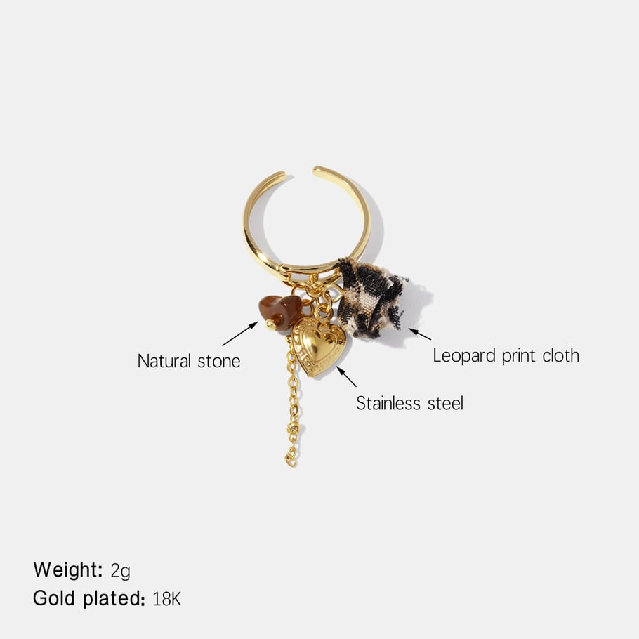 1 Piece Heart Stainless Steel Leopard Fabric Gold Color Statement Ring 