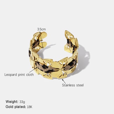 1 Piece Leopard Fabric Butterfly Stainless Steel Gold Color Cuff Bracelet h5 