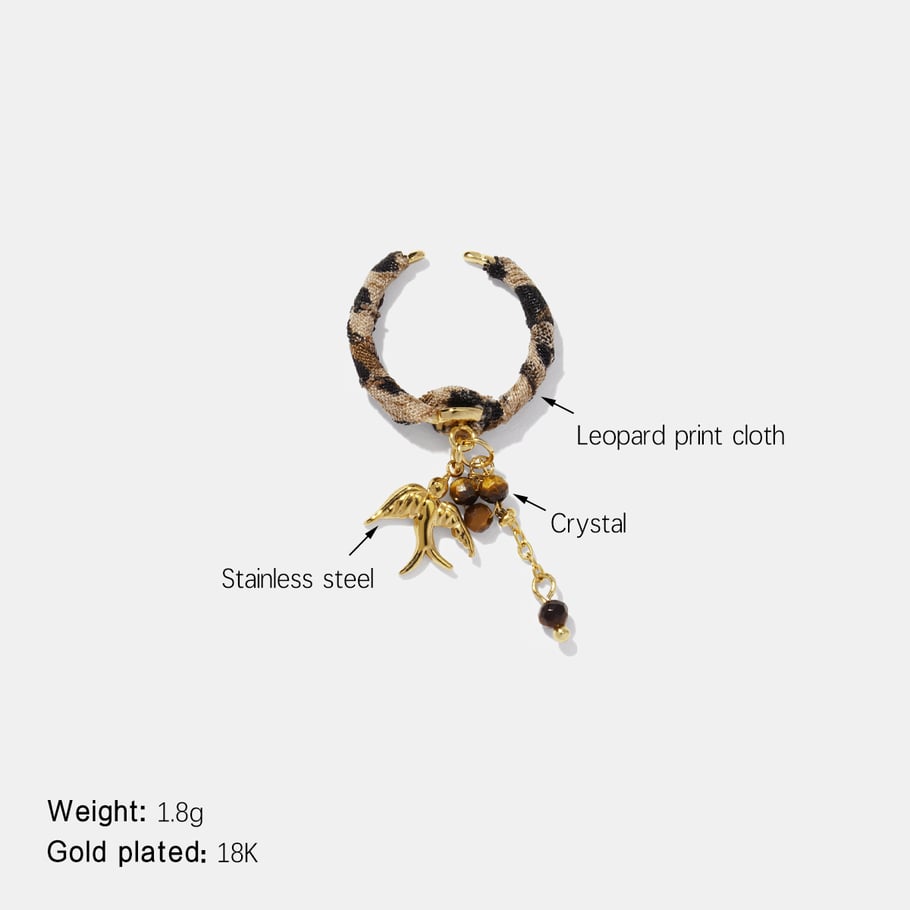 1 Piece Leopard Fabric Bird Stainless Steel Gold Color Statement Ring 